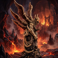 Bone Devil in a fiery, volcanic landscape