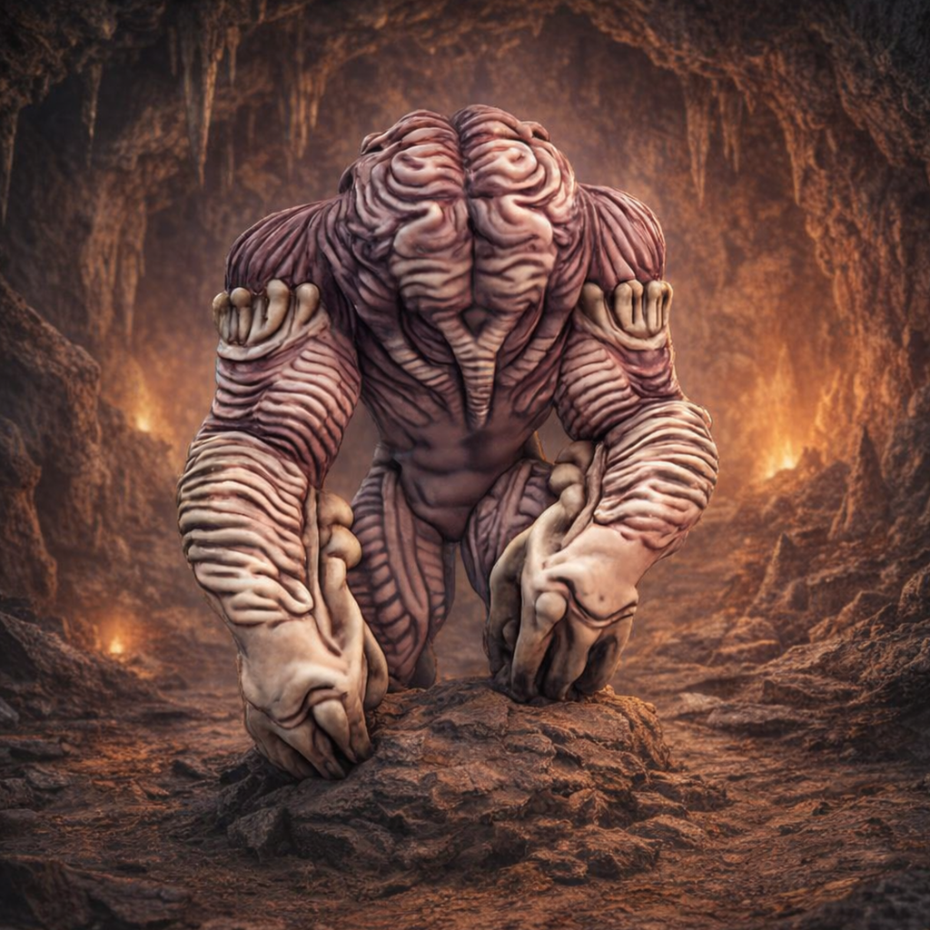 Brain Golem in a dark, cave-like setting