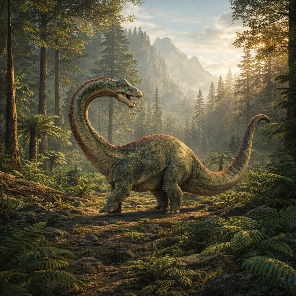 Brontosaurus Dinosaur in a forest with mountains in the background