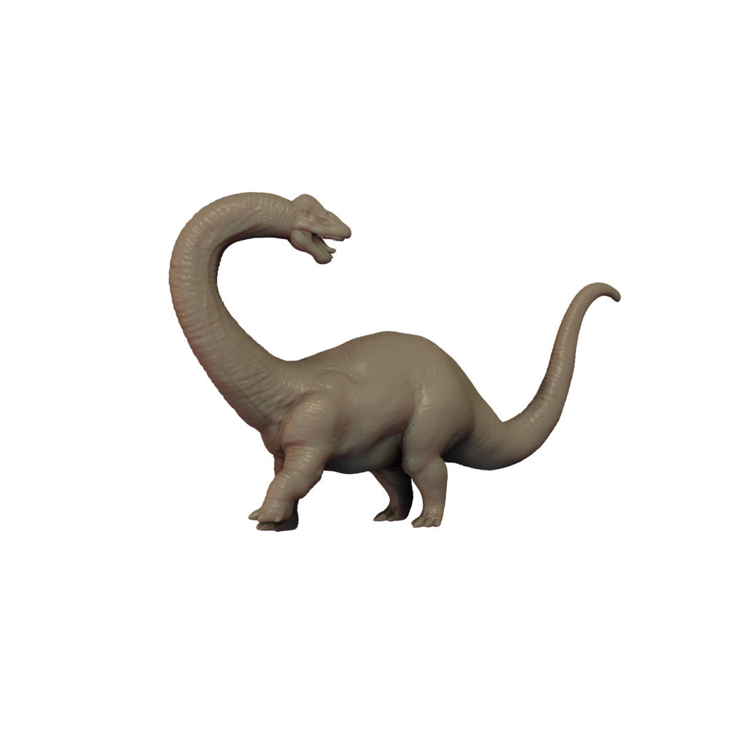 A 3D printed miniature of a Brontosaurus dinosaur figure, unpainted and without a base, colored in a pale grey.
