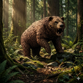 Brown bear in a forest with sunlight filtering through the trees