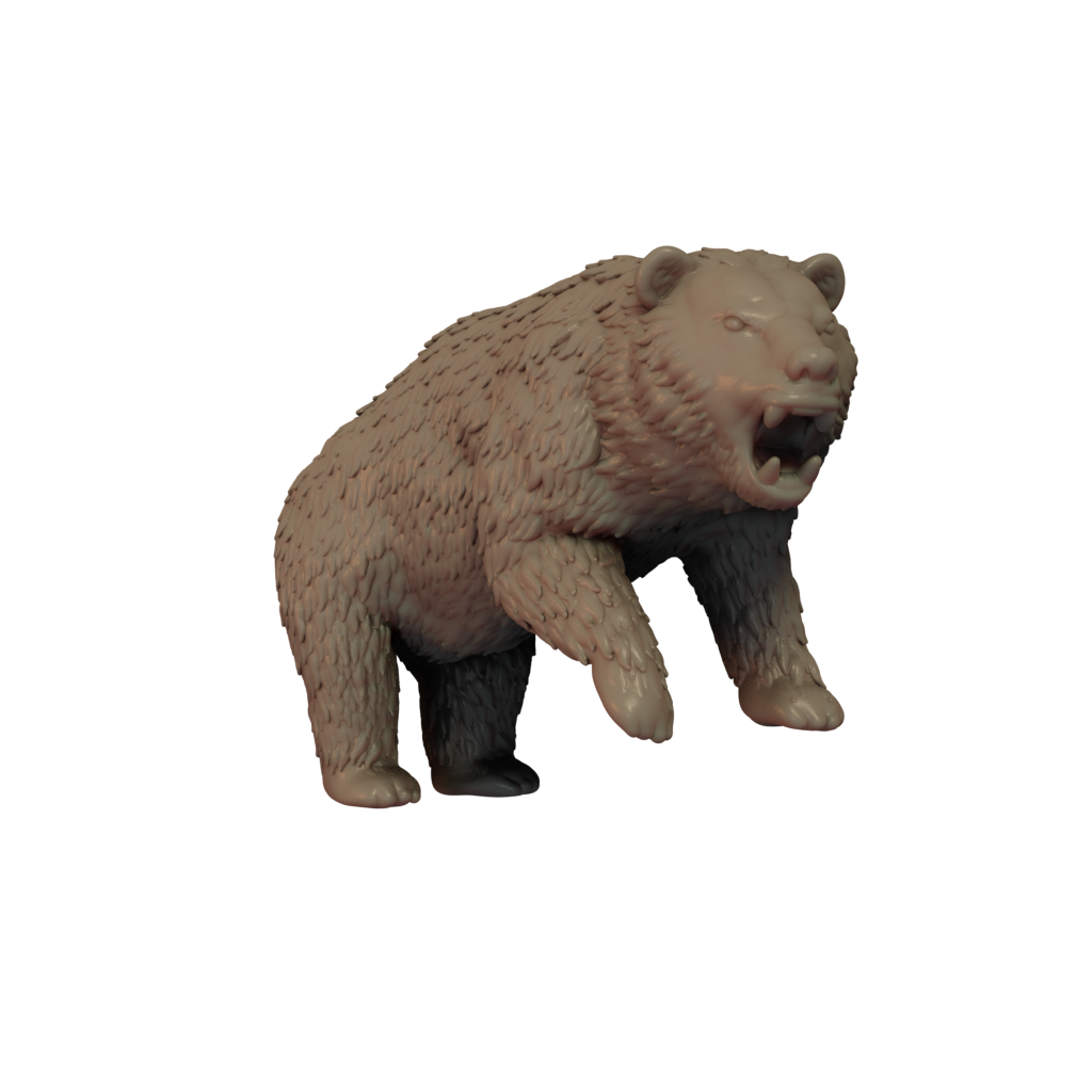 3D printed miniature resin model of a Brown bear in a standing pose, unpainted and without a base.