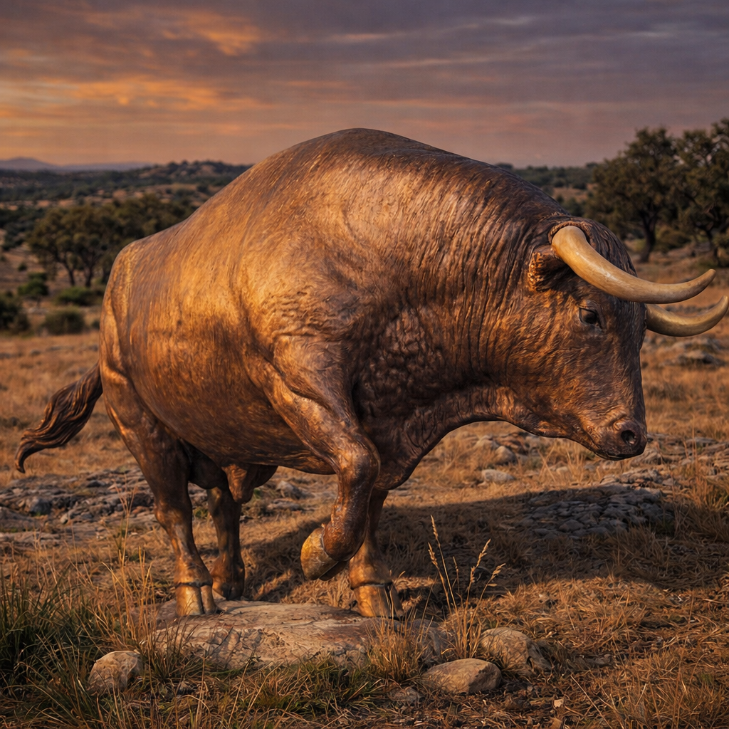 Large bull standing in a field with a sunset sky