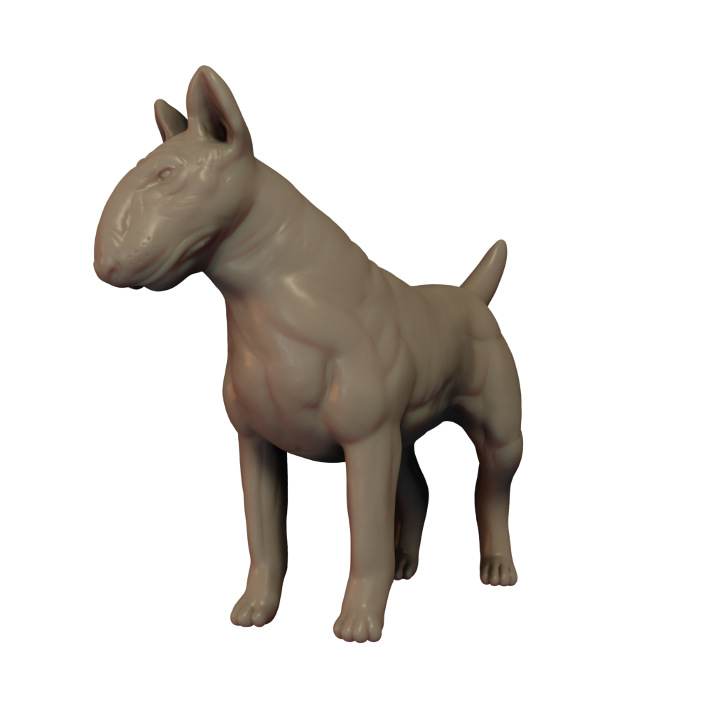 3D printed miniature resin model of a Bull Terrier dog, unpainted and without a base.