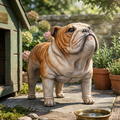 Bulldog outside a dog house