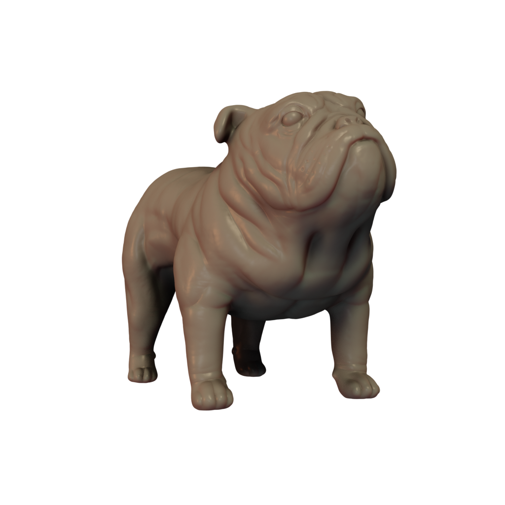 3D printed miniature resin model of a Bulldog, presented unpainted and without a base.