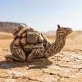 Laying Camel with packs in a desert setting