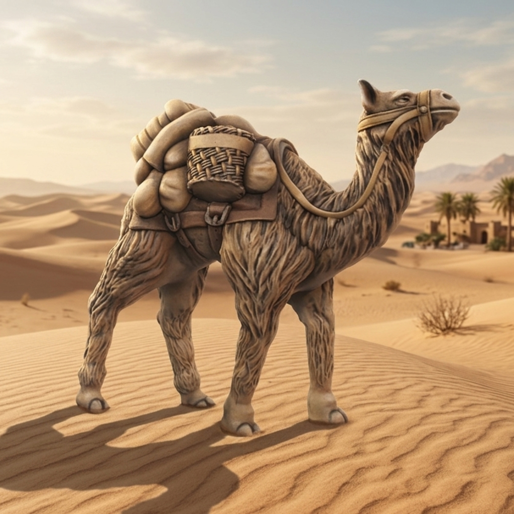 Camel with a basket on its back in a desert landscape