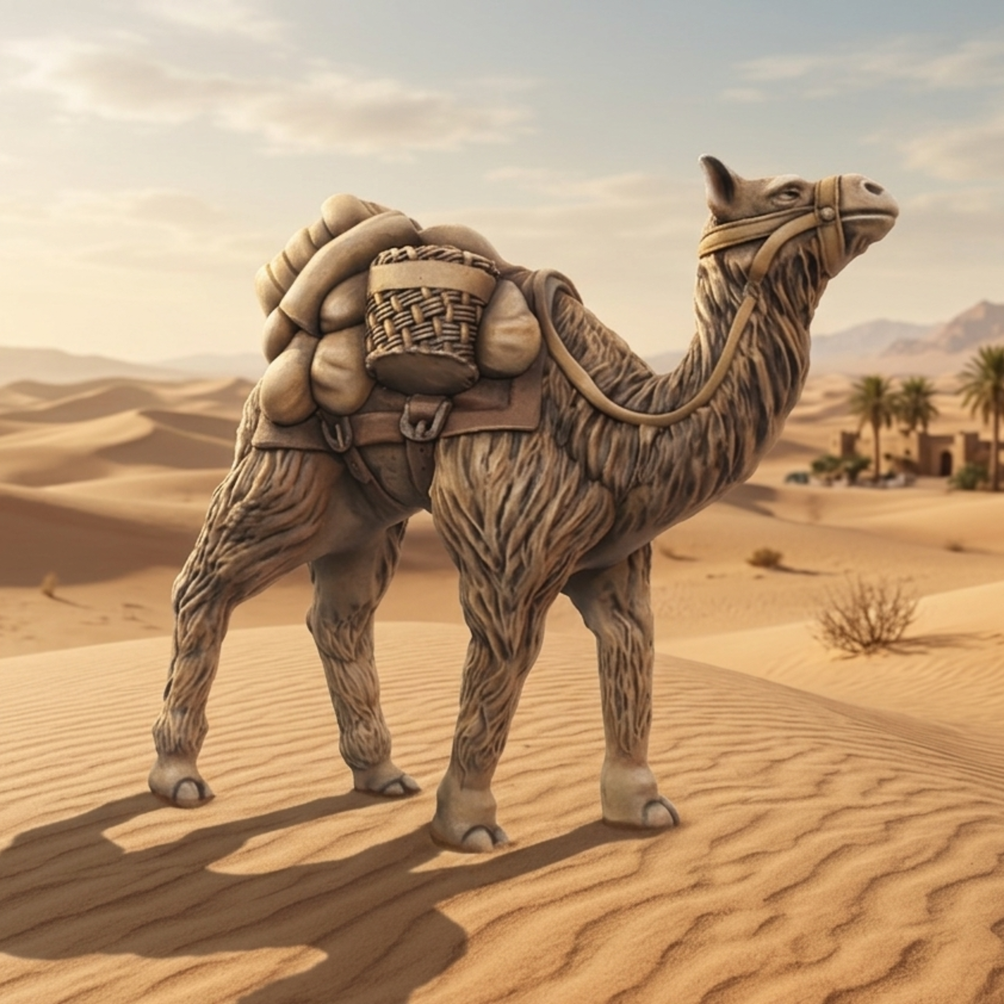 Camel with a basket on its back in a desert landscape