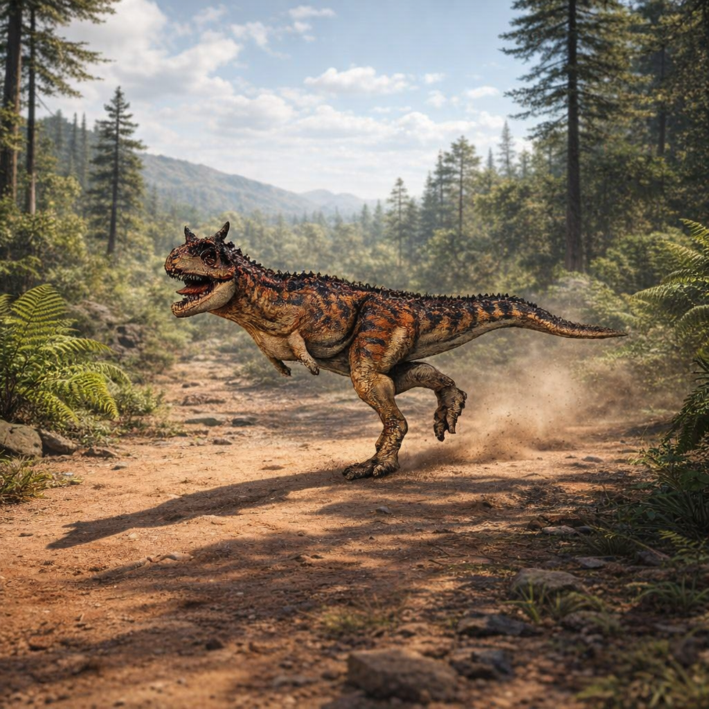 Carnotaurus Dinosaur running through a forest with mountains in the background