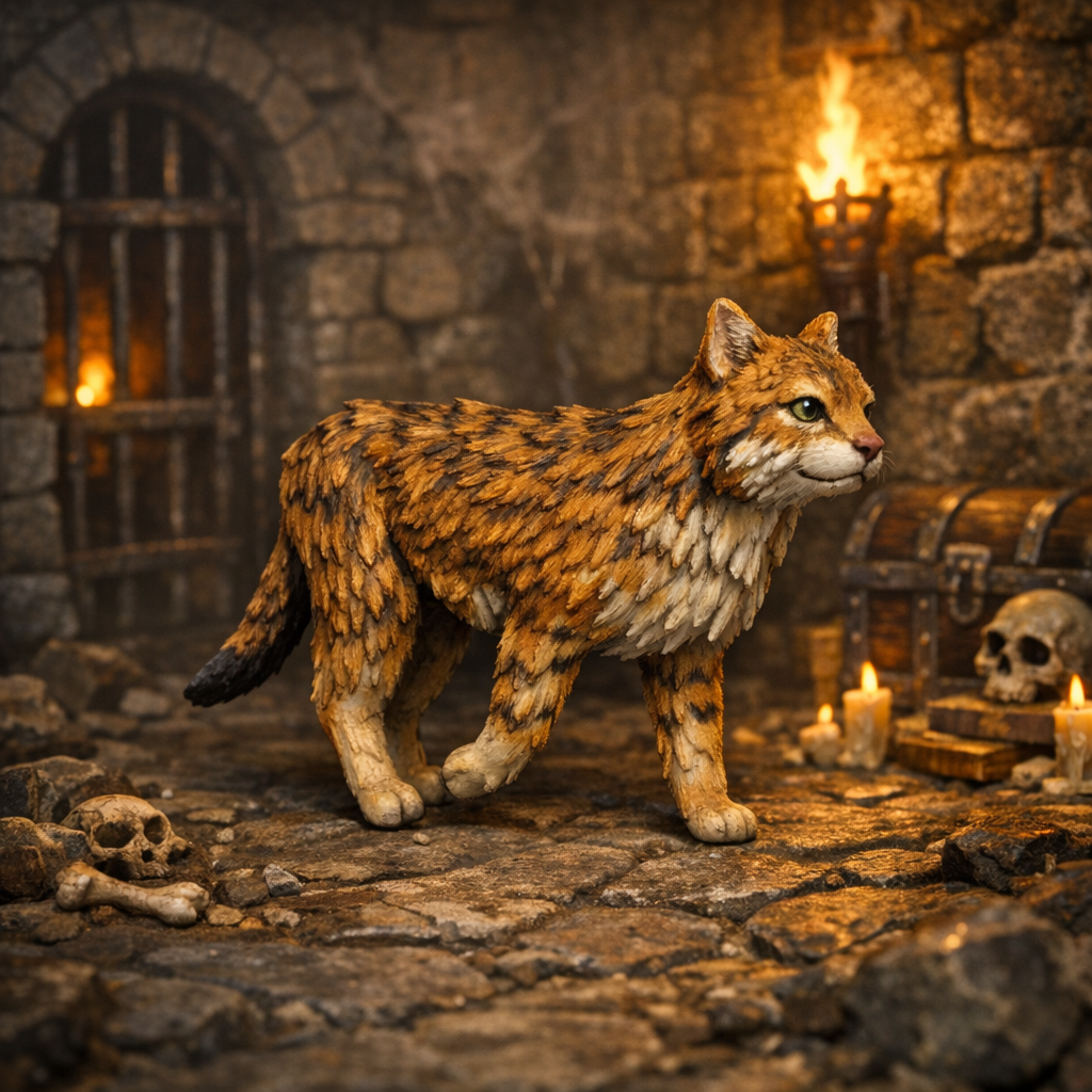 Cat miniature in a stone room with candles and skulls
