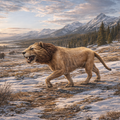 Prehistoric Cave Lion stalking  in a snowy landscape with mountains and trees in the background