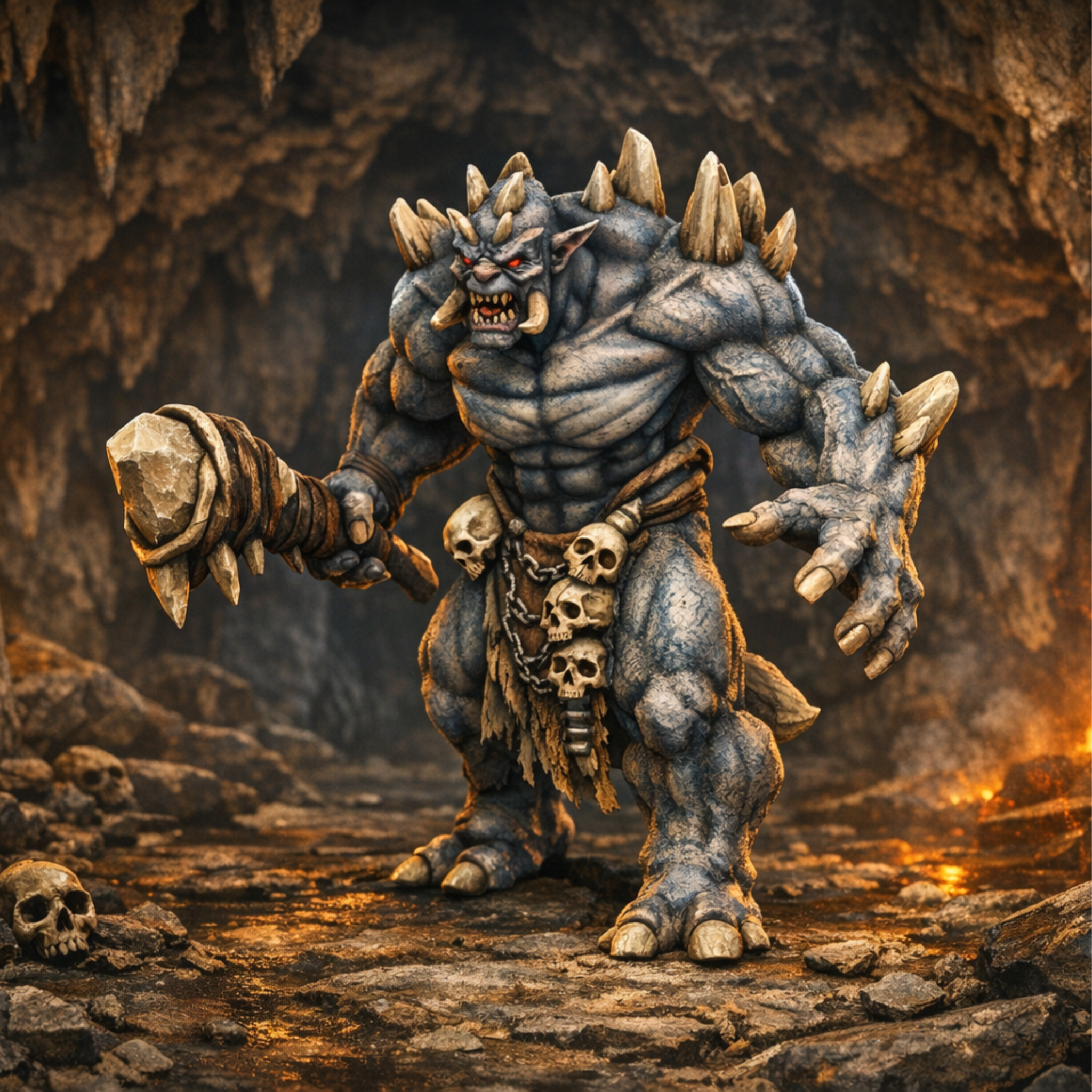 Cave Troll  with a large axe in a dark, rocky environment