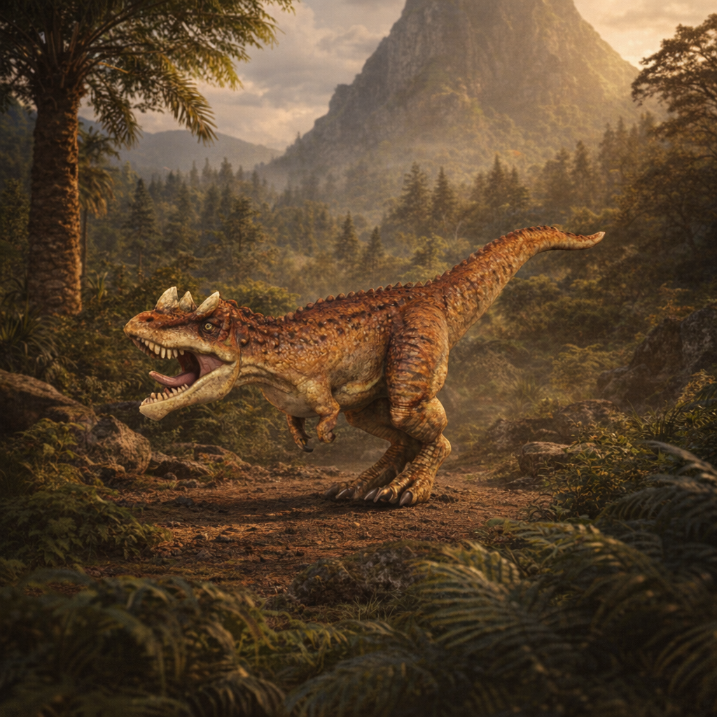 Ceratosaurus Dinosaur in a forest with mountains in the background