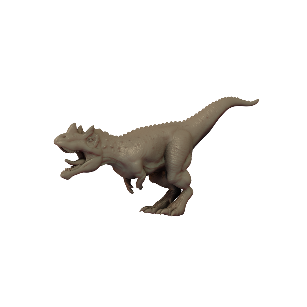 A 3D printed miniature figure of a Ceratosaurus dinosaur, unpainted and without a base, posed in a running motion.