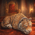 Chained tiger asleep in a regal room with ornate chair and red curtains.
