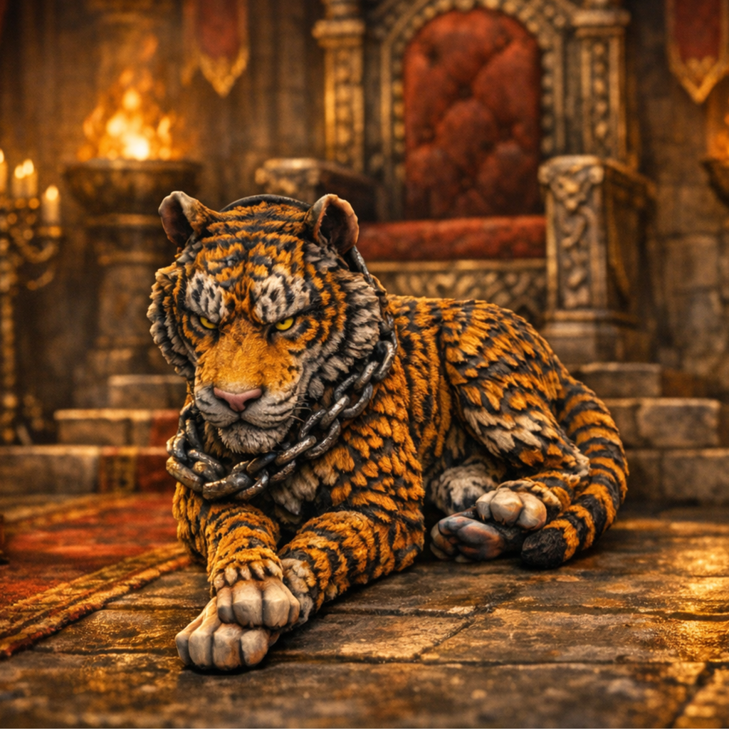 Tiger with chains in a regal room with a throne and candles