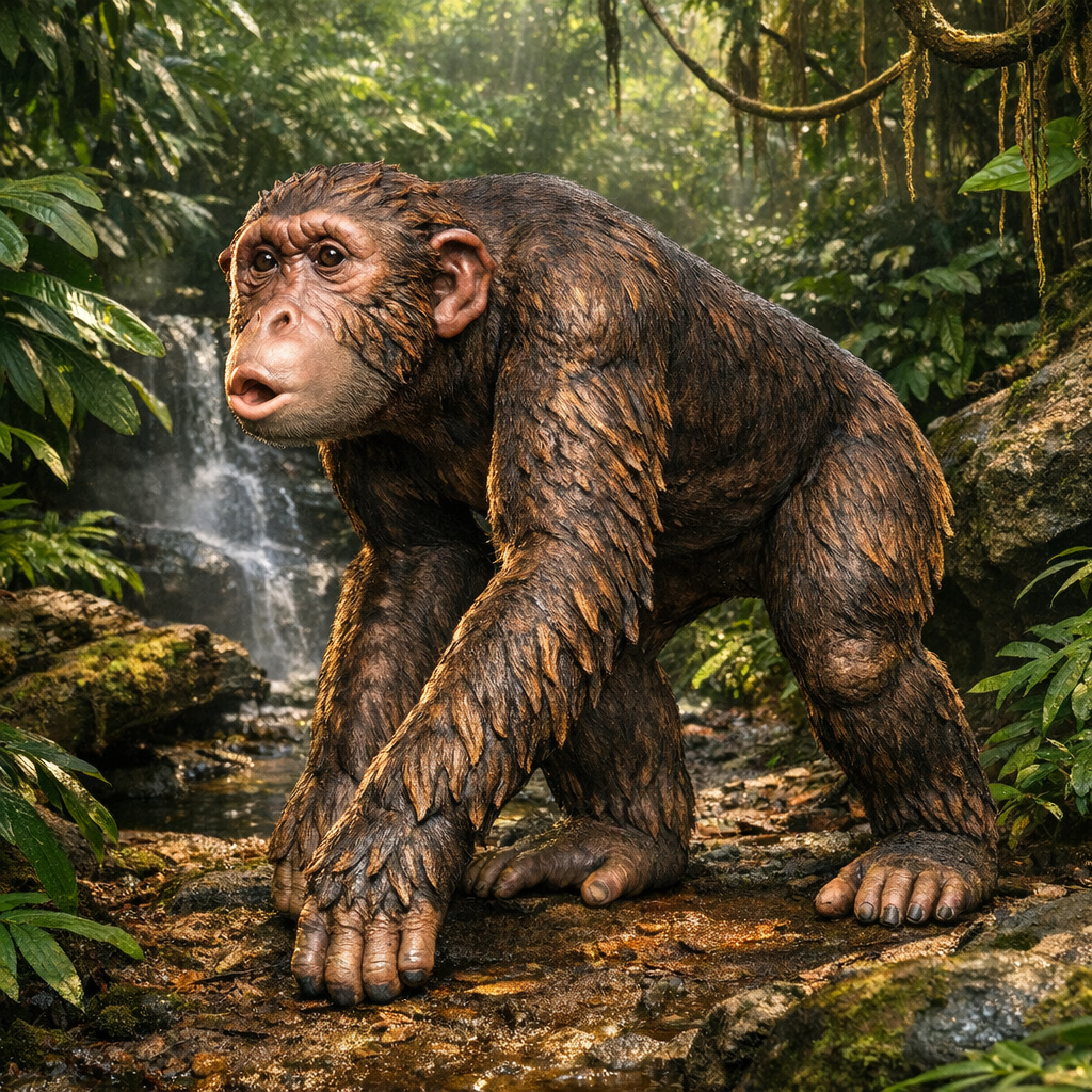 Chimpanzee in a lush, green forest with a waterfall in the background