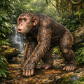 Chimpanzee in a lush, green forest with a waterfall in the background