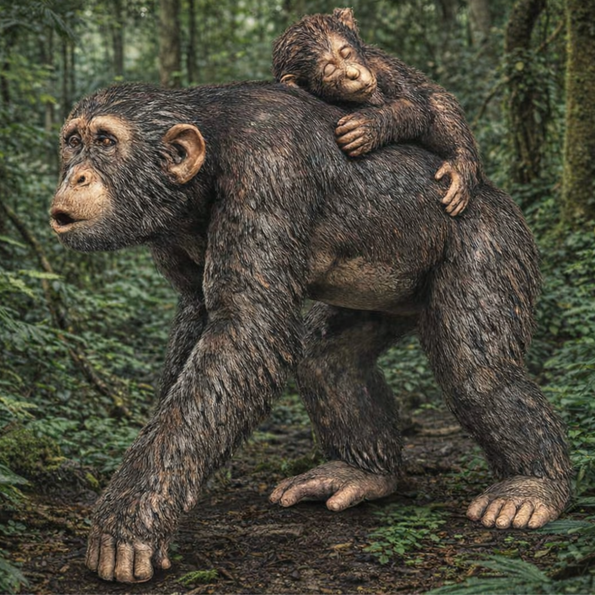 Chimpanzee with a baby on its back in a forest setting