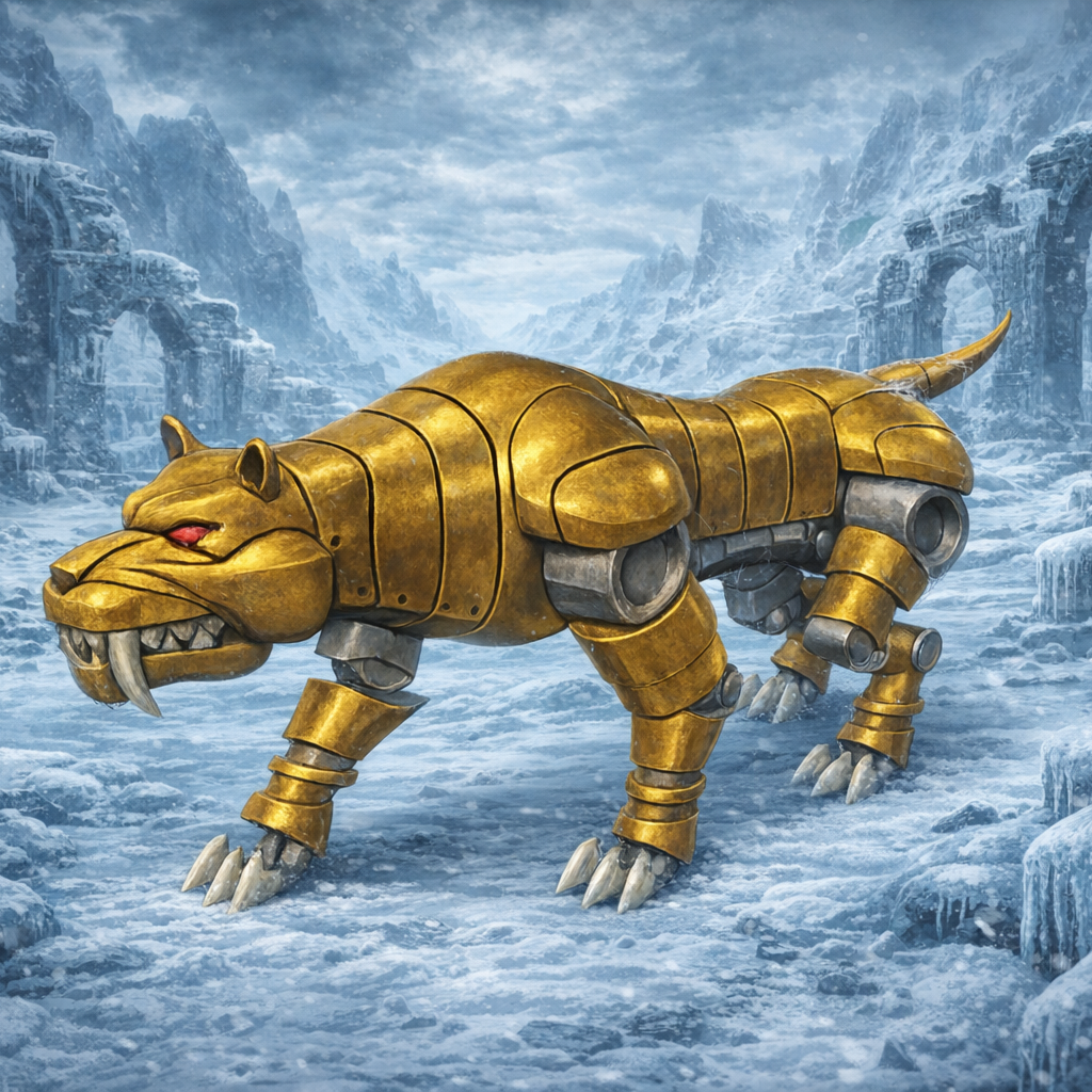 Clockwork Sabretooth Tiger in a snowy, ancient ruin setting