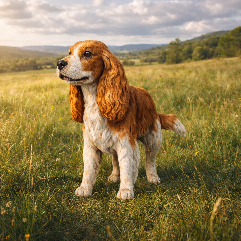 A brown and white Cocker Spaniel dog standing in a grassy field with hills and a cloudy sky in the background.