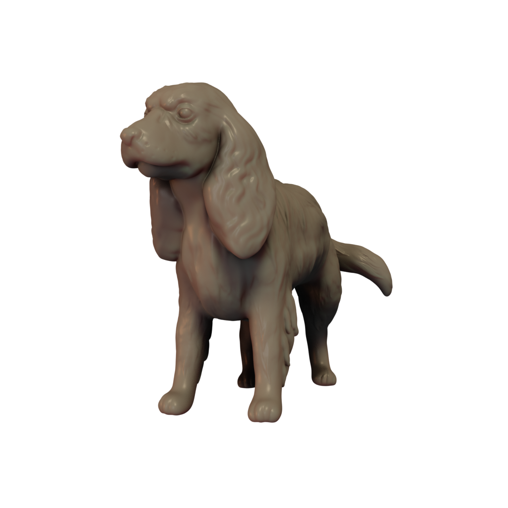 3D printed miniature resin model of a Cocker Spaniel dog, unpainted and without a base.