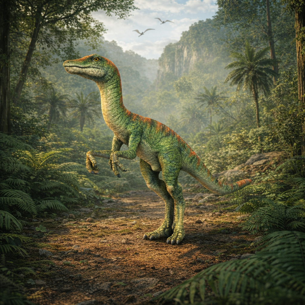 Compsognathus Dinosaur in a lush forest with trees and rocks in the background