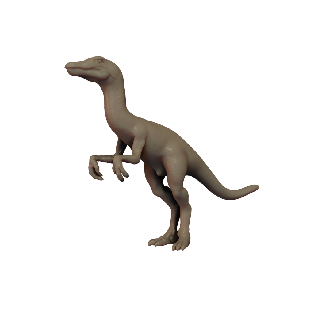 3D printed miniature resin model of a Compsognathus dinosaur, unpainted and without a base.