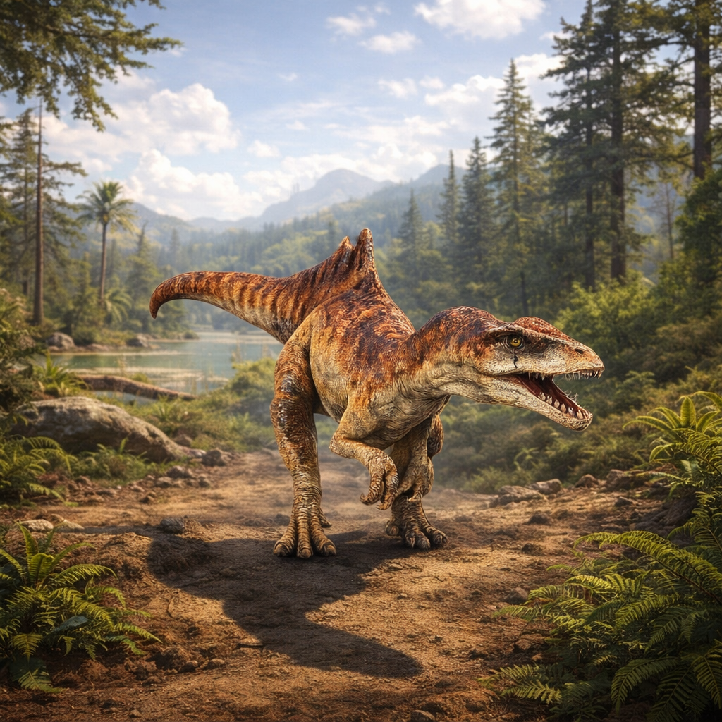 Concavenator Dinosaur standing on a path in a forest with mountains in the background