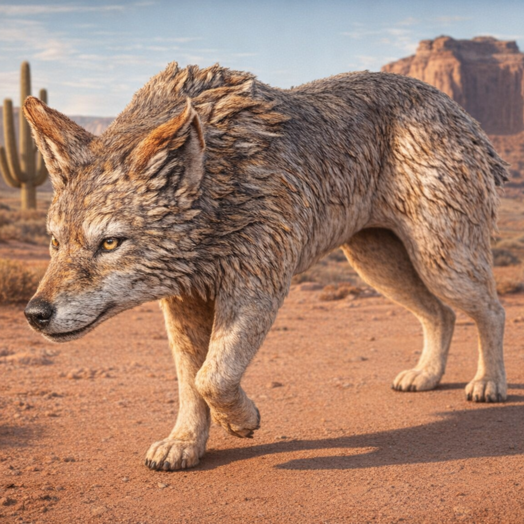 Coyote standing in a desert landscape with cacti and rock formations.