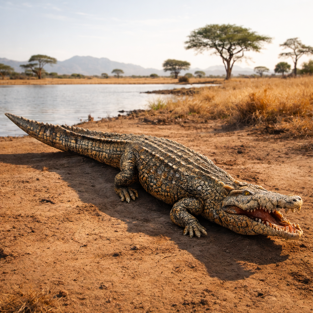 Crocodile on a dirt bank near a body of water with trees in the background