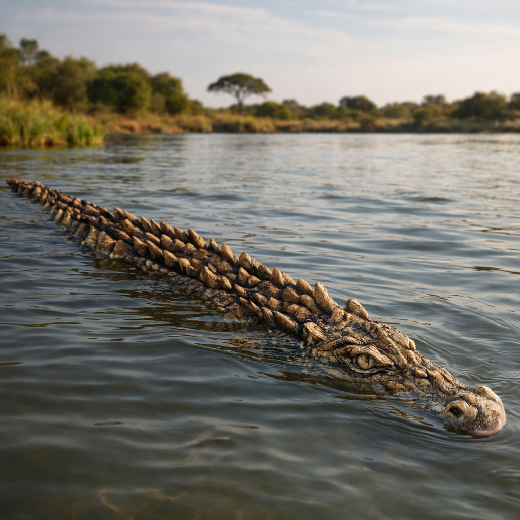 Crocodile swimming in a body of water with trees in the background
