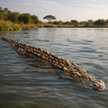 Crocodile swimming in a body of water with trees in the background