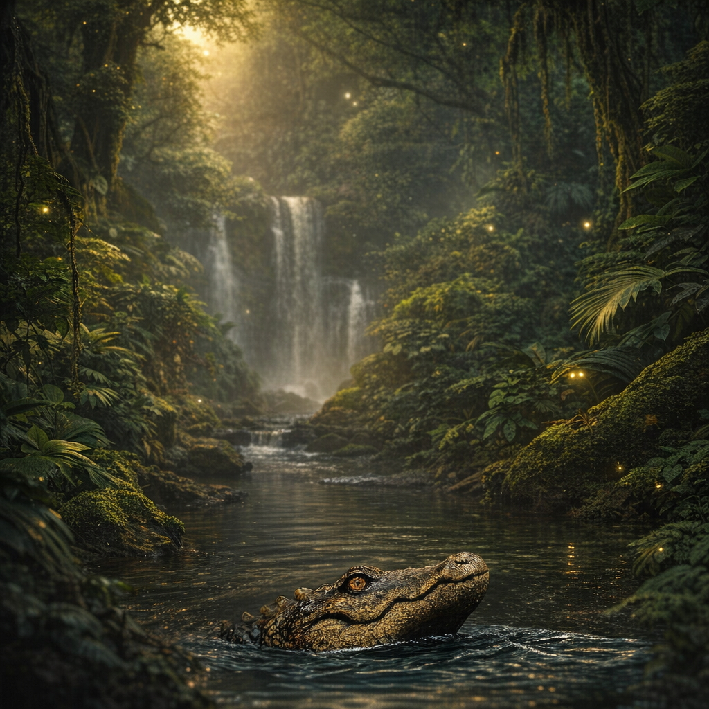 Crocodile in a lush, green jungle with a waterfall in the background