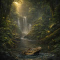 Crocodile in a lush, green jungle with a waterfall in the background