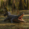 Crocodile with mouth open on a forest floor