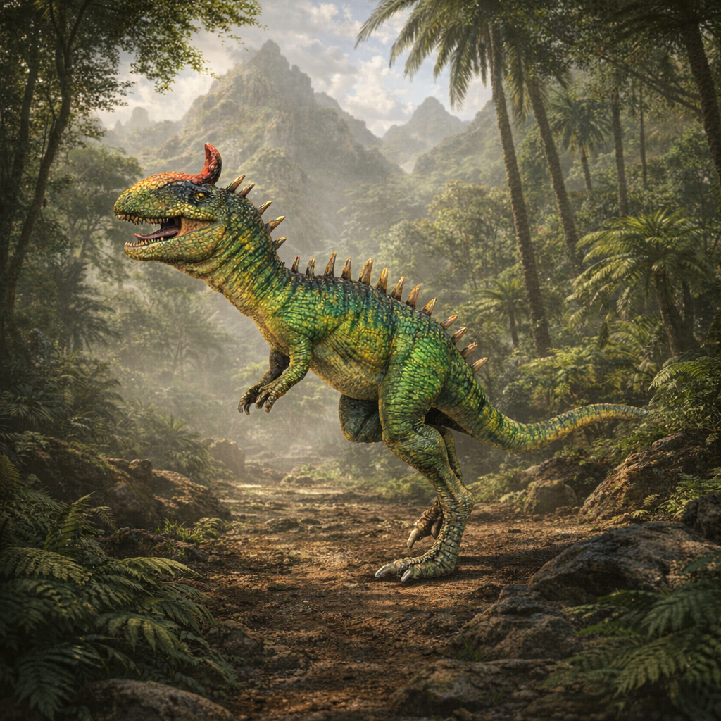 Cryolophosaurus dinosaur in a lush, green forest with mountains in the background