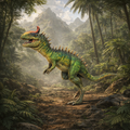 Cryolophosaurus dinosaur in a lush, green forest with mountains in the background
