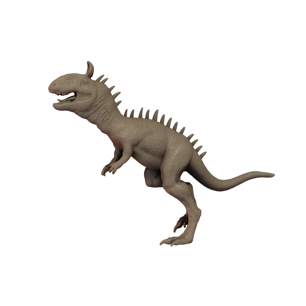 3D printed miniature resin model of a Cryolophosaurus dinosaur, unpainted and without a base.