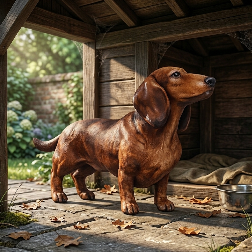 Brown dachshund standing on a wooden deck with a garden background