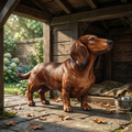 Brown dachshund standing on a wooden deck with a garden background