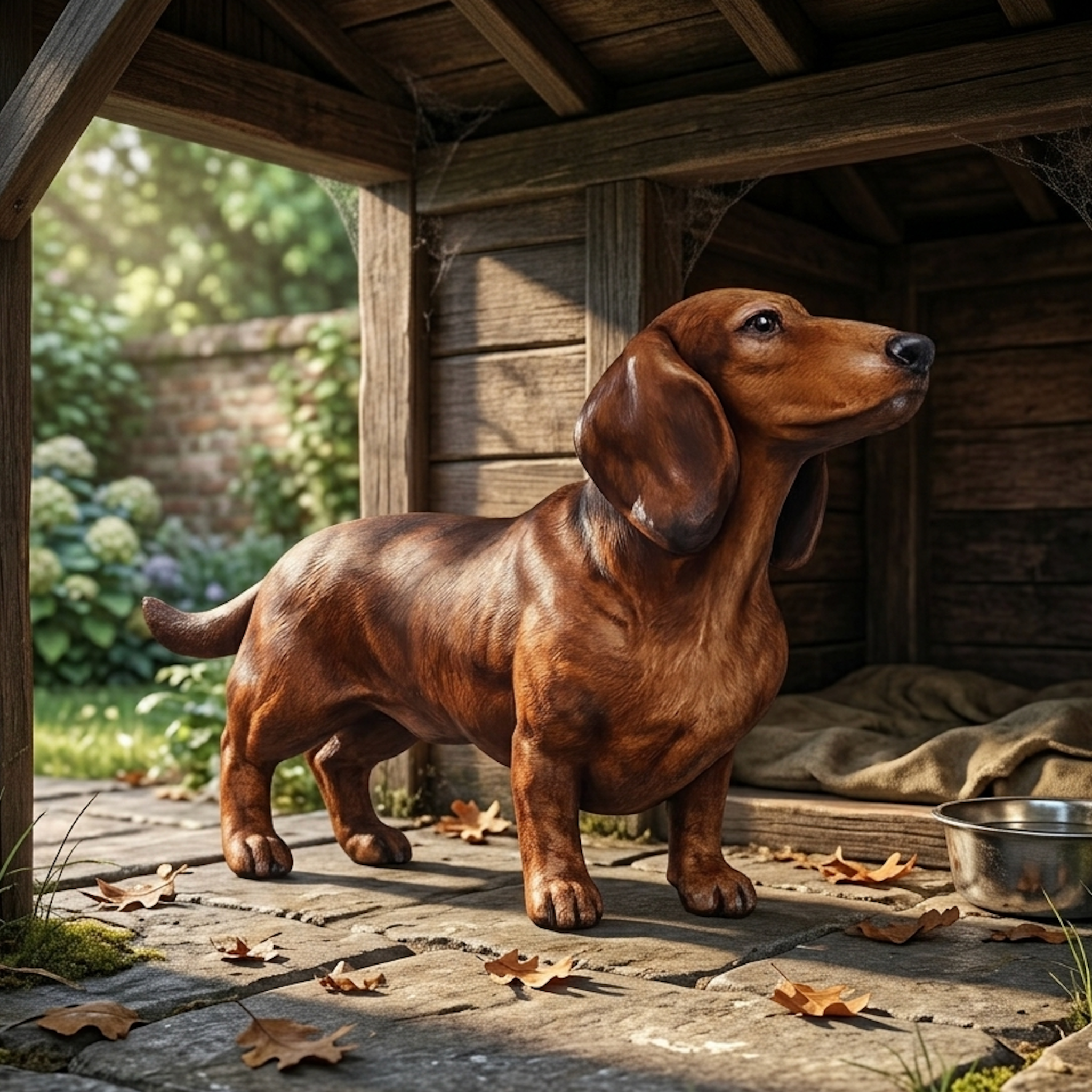 Brown dachshund standing on a wooden deck with a garden background