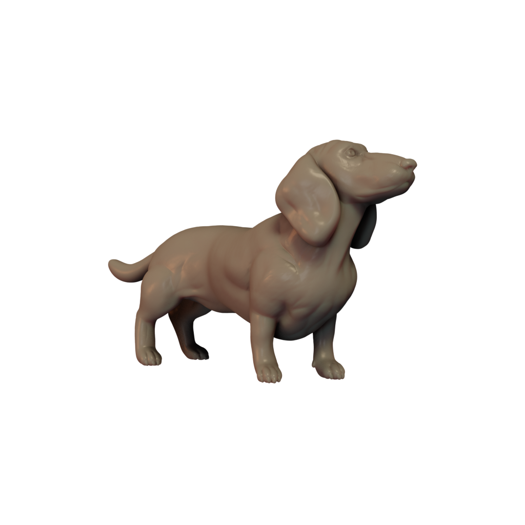 A 3D printed miniature of a Dachshund dog, supplied unpainted and without a base.