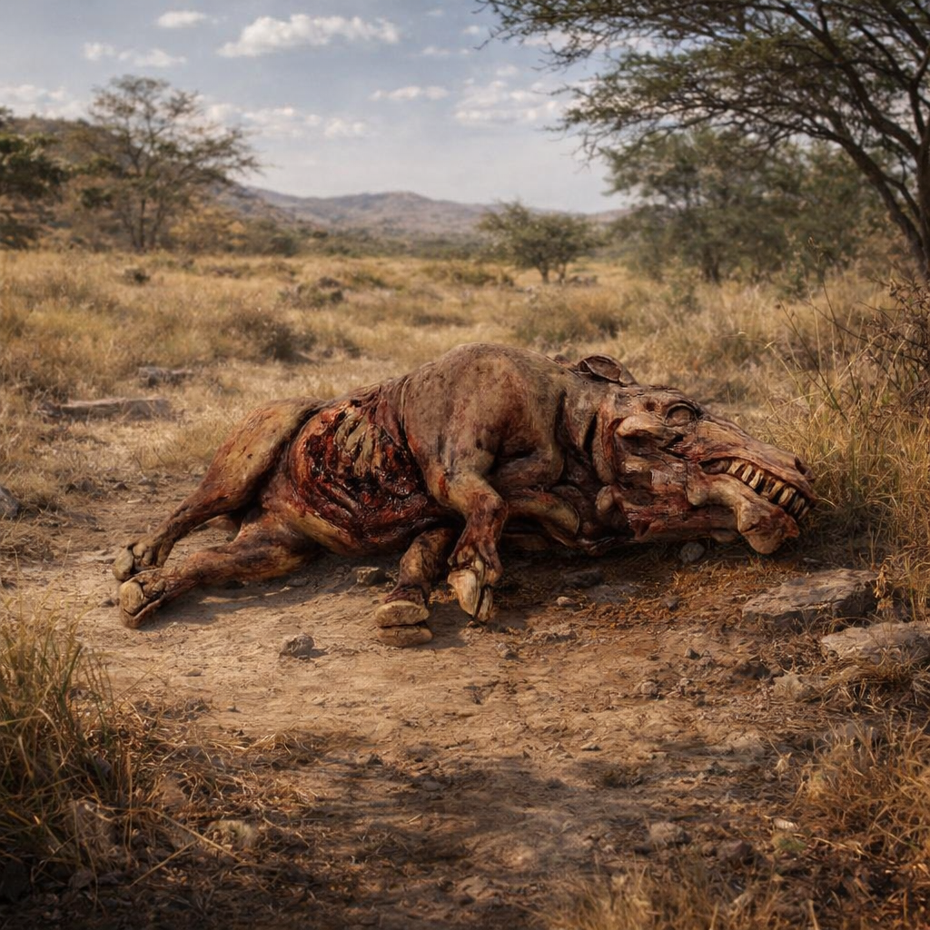 Daeodon carcass on a dirt path in a dry savanna landscape