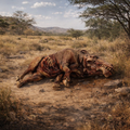 Daeodon carcass on a dirt path in a dry savanna landscape