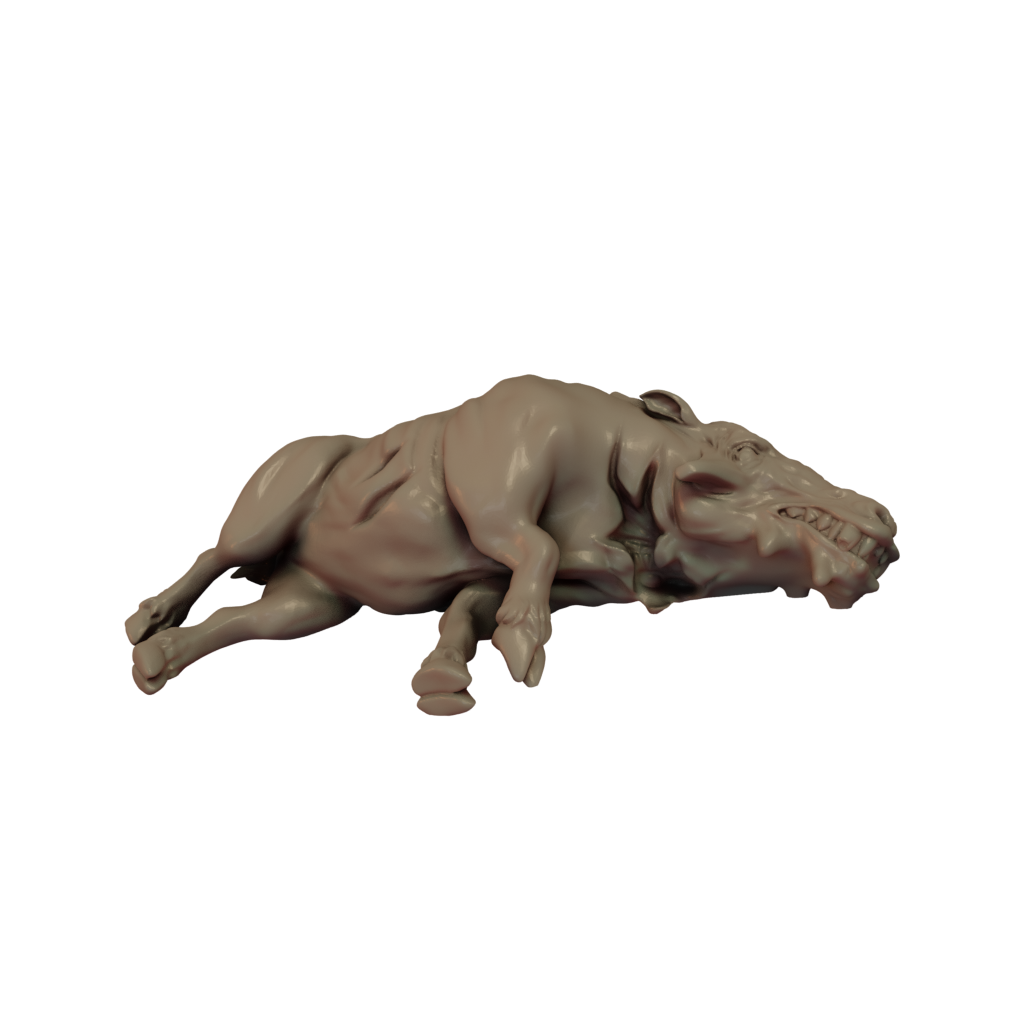 A 3D printed miniature of a prehistoric creature, specifically a Daeodon, in a lying pose. The model is grey and lacks any base or paint.
