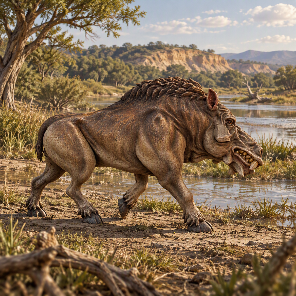 A  prehistoric Daeodon walking through a dry riverbed with water, grass, trees, and rocky hills in the background.
