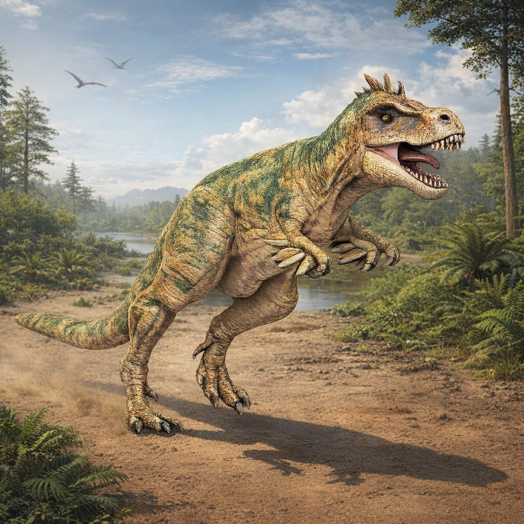 A large bipedal Daspletosaurus dinosaur with green and tan striped skin stands on a dirt path in a prehistoric landscape with trees, ferns, water, and birds in the distance.