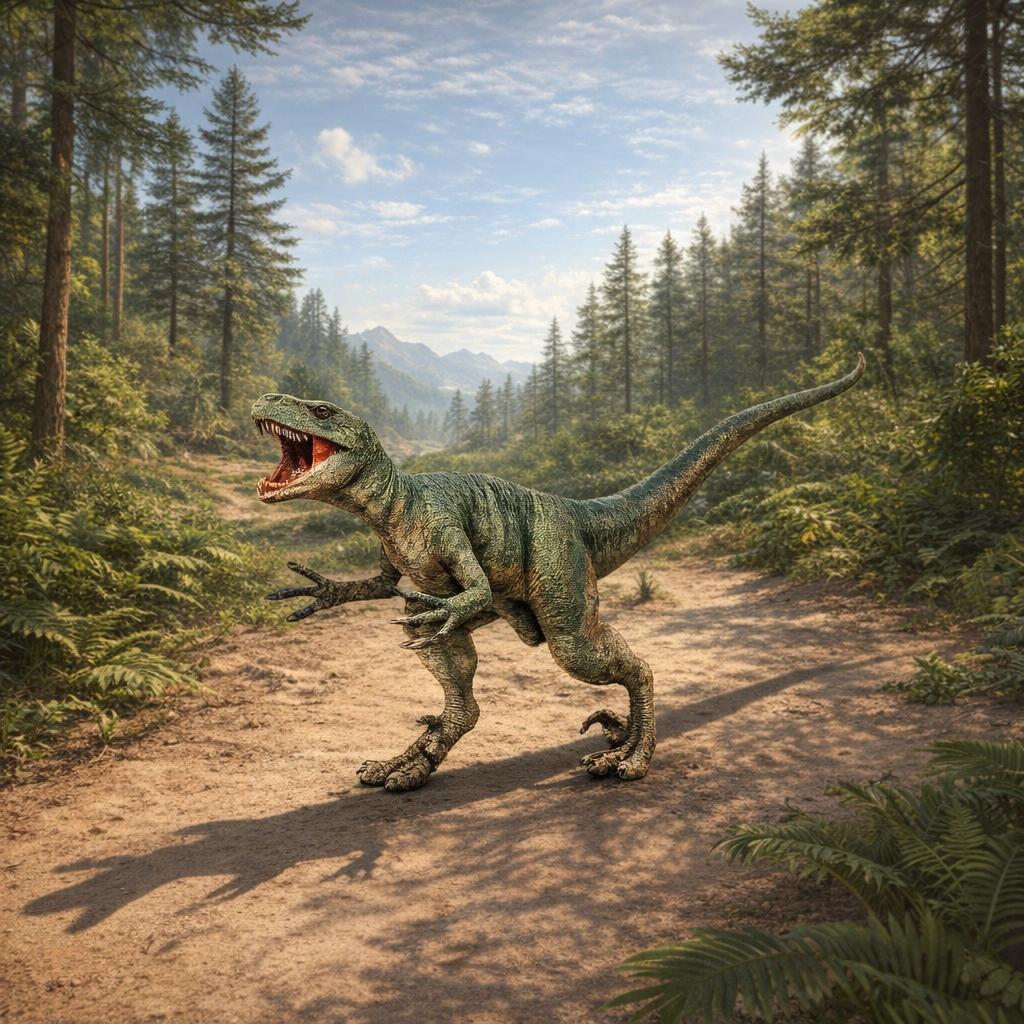 Deinonychus Dinosaur walking through a forest with trees and mountains in the background